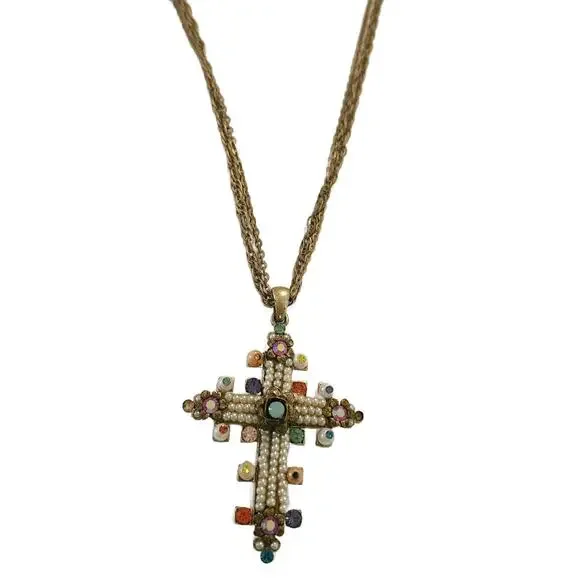 Vintage Cross Necklace with Crystals, Pearls and Rhinestones - Picture 3 of 11